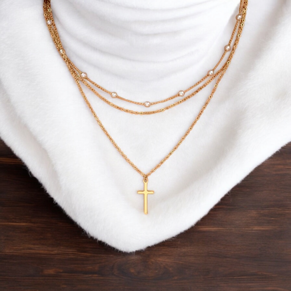 3-Chain Gold Necklace with Pearls & Cross Pendant - Image 3