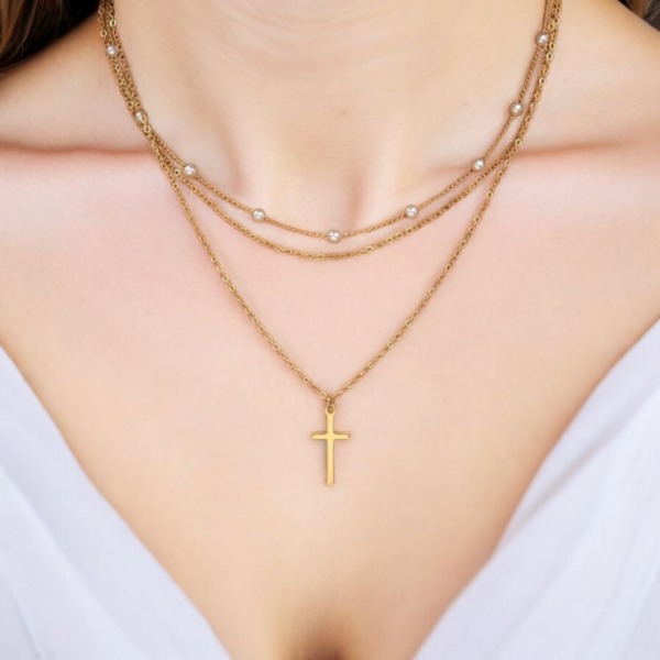 3-Chain Gold Necklace with Pearls & Cross Pendant