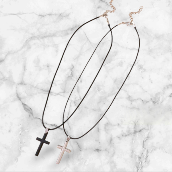 Black and Silver Cross Pendant Necklace with Leather Chain